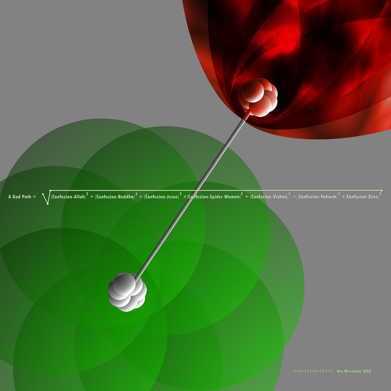 A God Path, 2000 — a red and green field carrying the seven-dimensional distance formula, 1 + 1 + 1 + 1 + 1 + 1 + 1 = 1