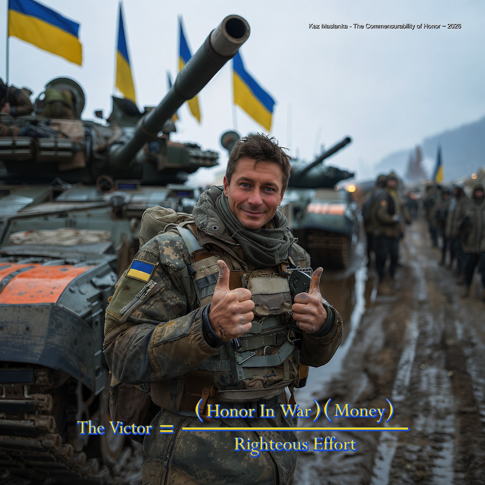 The Commensurability of Honor, 2026 — a Ukrainian soldier giving two thumbs up on a muddy road beside tanks and national flags, the equation The Victor = ((Honor in War)(Money)) / Righteous Effort set across the lower edge in blue and yellow