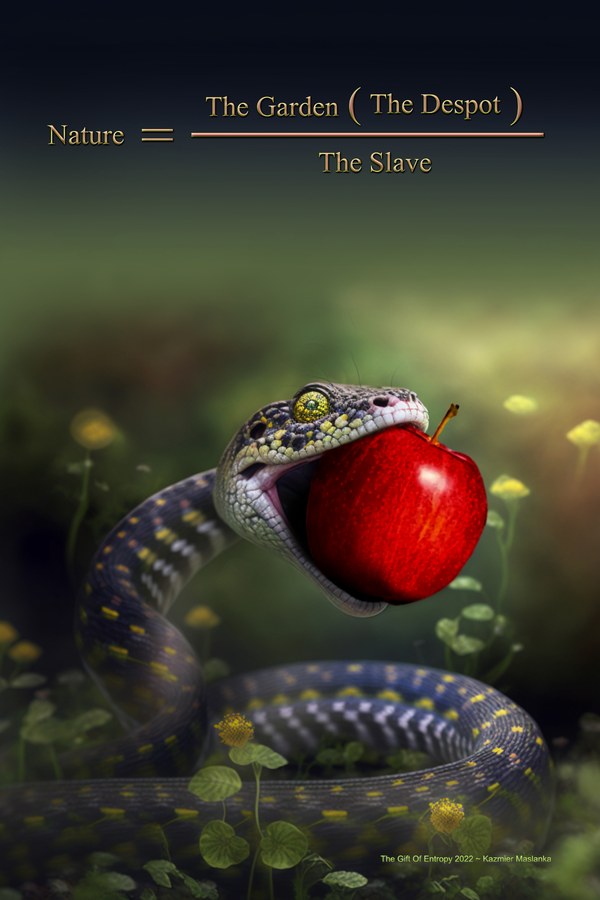 The Gift of Entropy — a snake holding a red apple, beneath the equation Nature equals The Garden times The Despot over The Slave