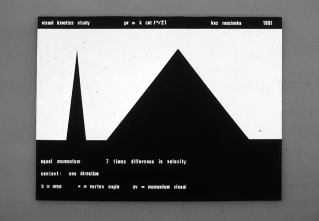 Figure 3. Equal Momentum Study of Isosceles Images with Seven Times Difference in Velocity (1981; oil on canvas, 36″ × 48″). Inscribed pv = K cot(α/2); the narrow figure reads as seven times faster than the broad one, yet the two carry equal visual momentum.