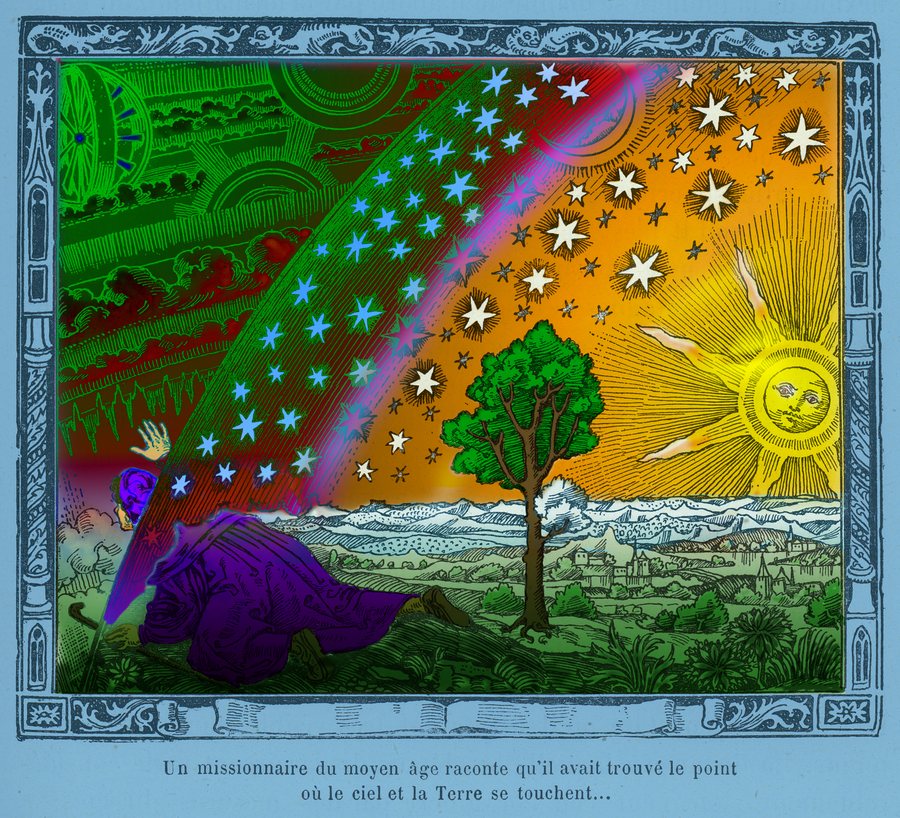 The Flammarion engraving: a traveller reaches the edge of the sky and pushes his head through it