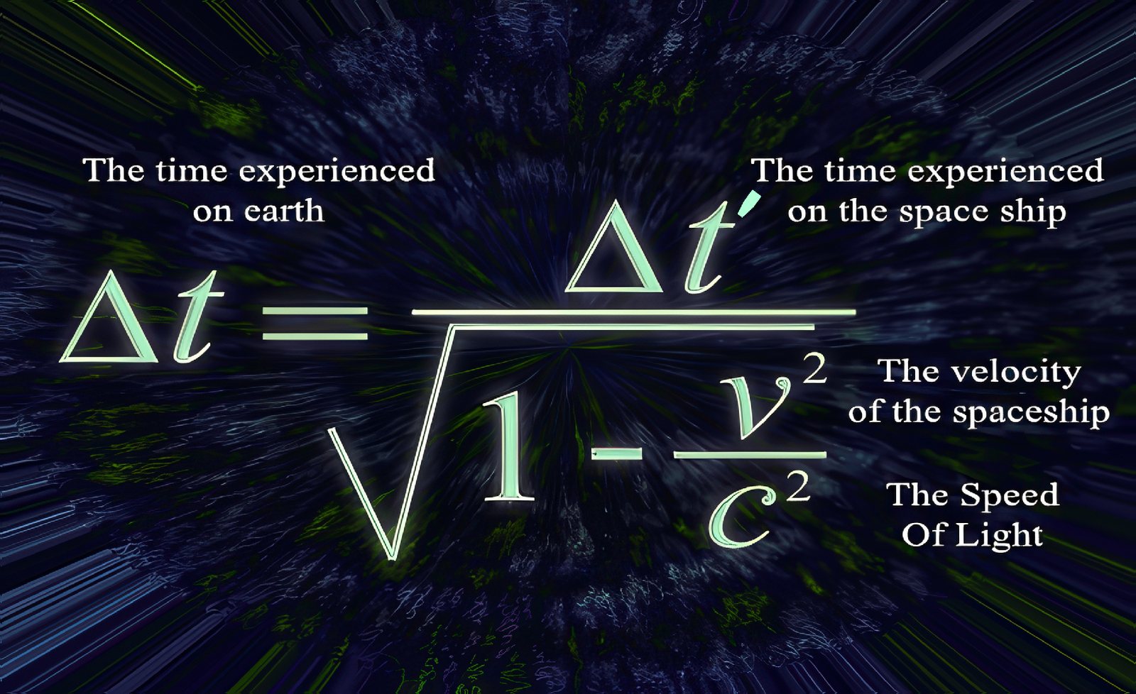 Einstein’s time dilation. The time measured on earth equals the time measured aboard the ship, divided by the square root of one minus v squared over c squared. The prime on the ship’s Δt is what distinguishes the two.