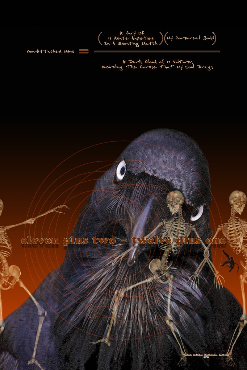 Pandemic Meditation — a large raven, skeletons and a monkey beneath the equation, with thirteen circles linking the letters of the anagram eleven plus two equals twelve plus one
